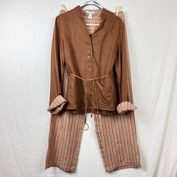 Tweeds 100% Linen Wide Leg Pant Jacket Set Women 12 Minimalist Lagenlook Neutral - Picture 2 of 16